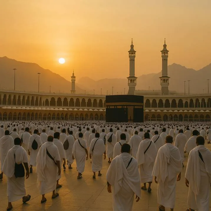 Pilgrims in ihram walking towards the Kaaba at sunset
