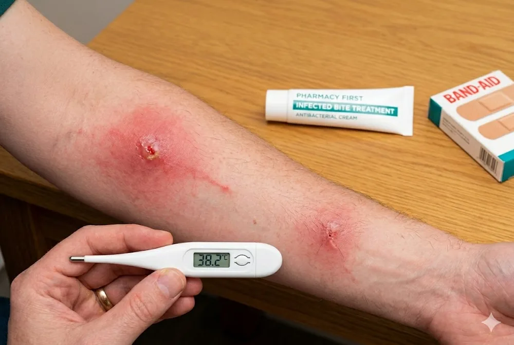 Forearm with two red, swollen insect bites alongside a thermometer reading 38.2 degrees