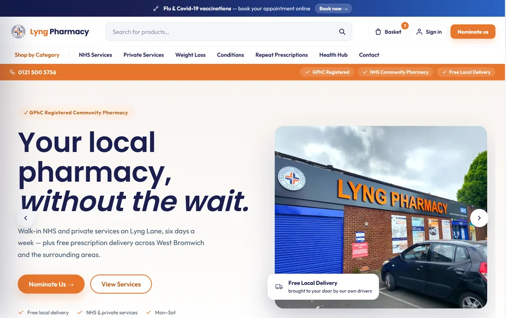 The new this website homepage showing the search bar, services menu and basket