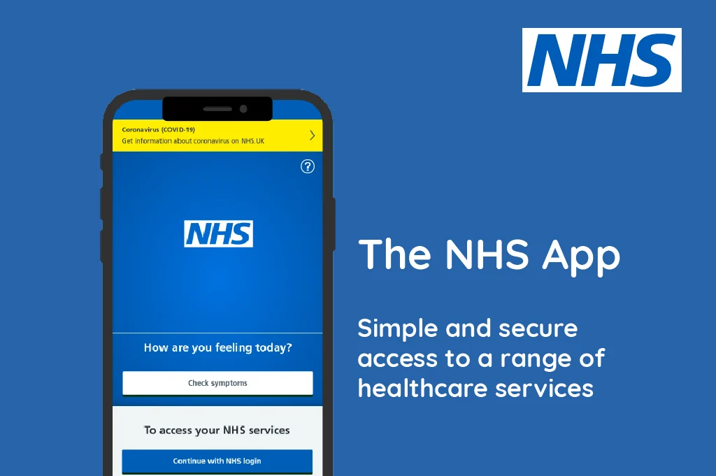NHS App promotional graphic showing the app on a phone