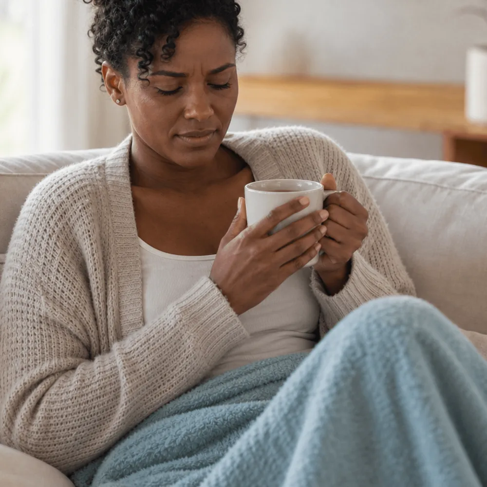 Woman wrapped in a blanket on the sofa holding a hot drink